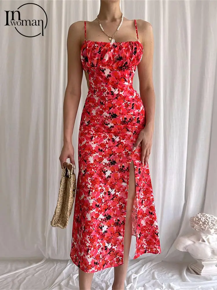 

Inwoman Summer Maxi Dresses For Women 2022 Sleeveless Print Spaghetti Strap Dress Ladies Blue Green Party Bodycon Dress Women