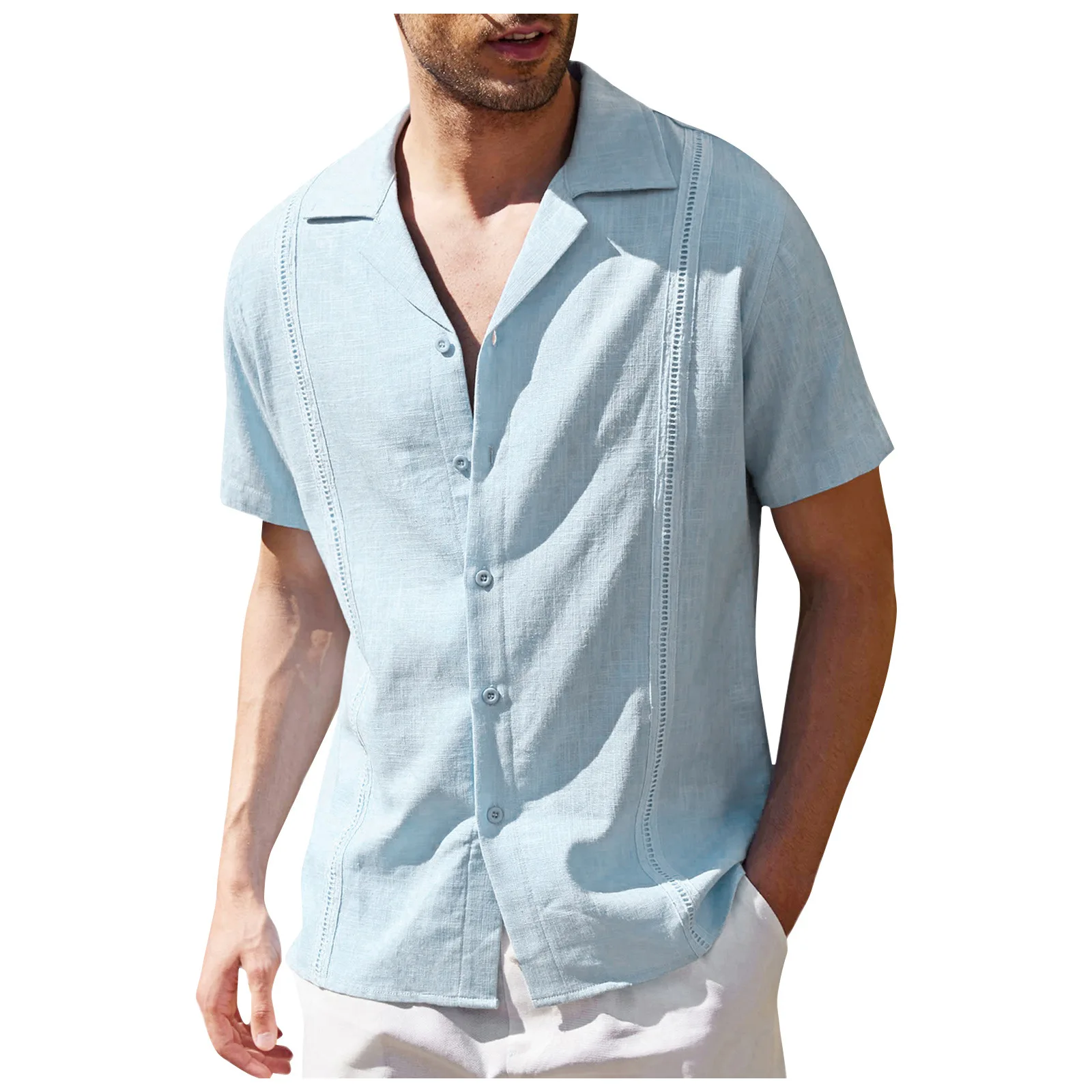 

Mens Summer Short Sleeve Guayabera Shirts Button-Down Cuban Embroidered Pleats Beach Shirts Men Loose Fit Camp Fishing Shirt