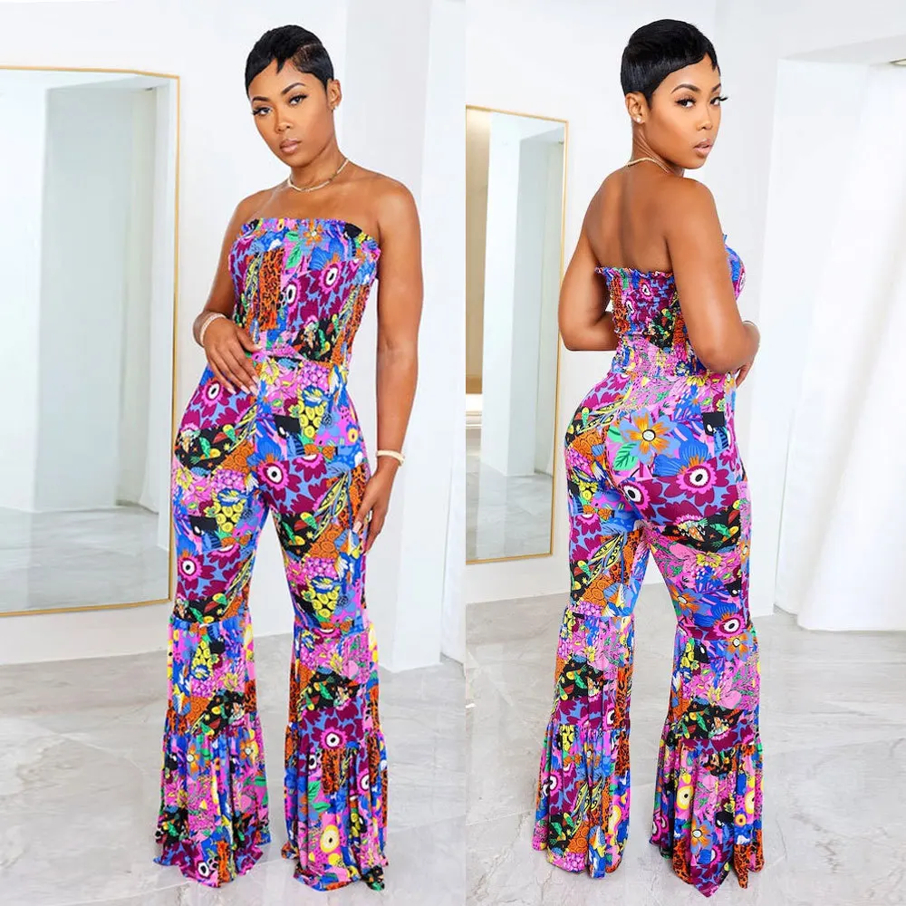 

Women Print Jumpsuits Flared Long Pants One Piece Off Shoulder Sleeveless Overalls Sexy Slim Fit Elegant Rompers Summer 2023