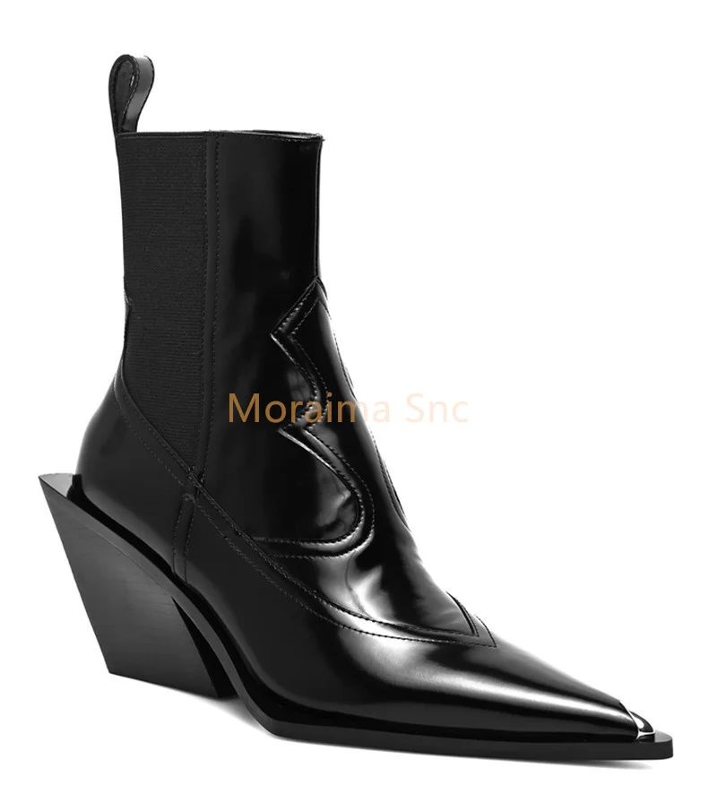 British Style Women Shoes Pointed Toe Black Wedge Chelsea Boots Chunky Heel Elastic Silver Sleeve Booties 2022 Autumn Winter