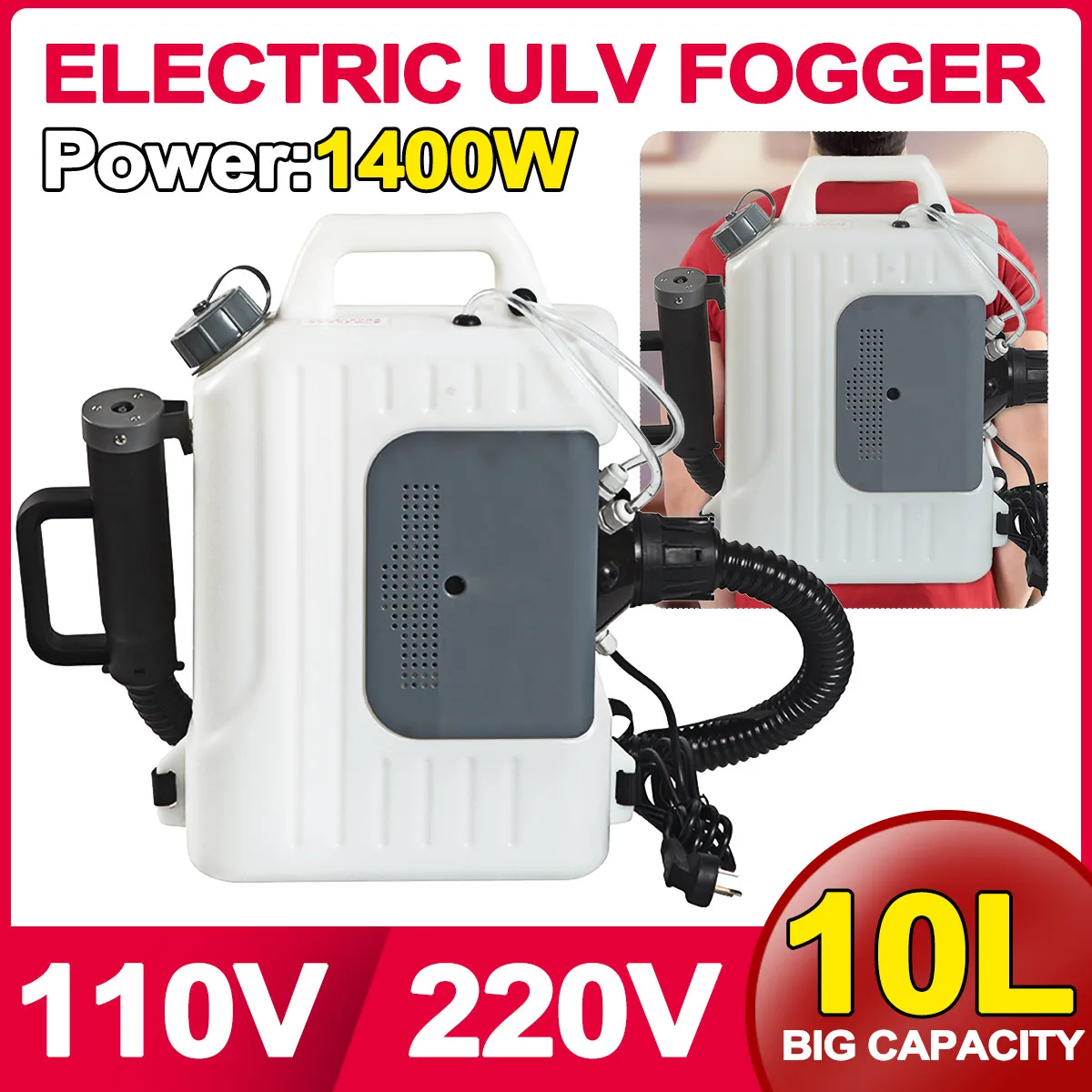 

1400W Ultra Capacity Electric ULV Fogger Sprayer Mosquito Killer Disinfection Fight Drugs 6-10M Distance Spraying Tool 10L