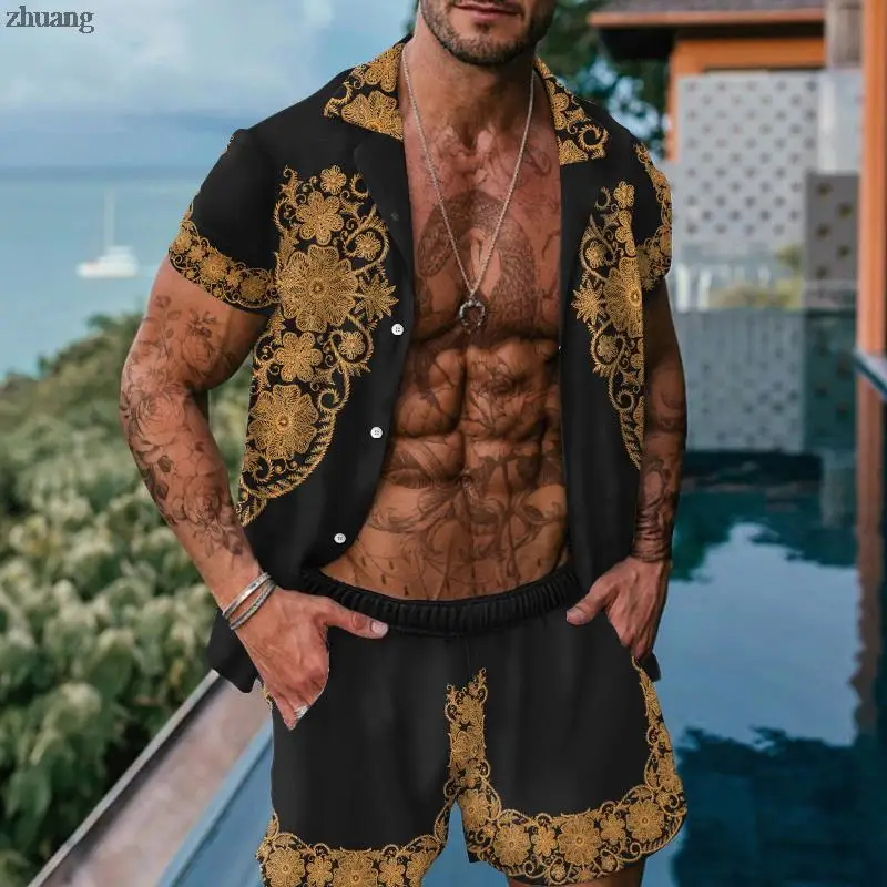 

Summer new 2022 shirts for men 3D printing short sleeve Suit men's shirt set beach casual men's shirt