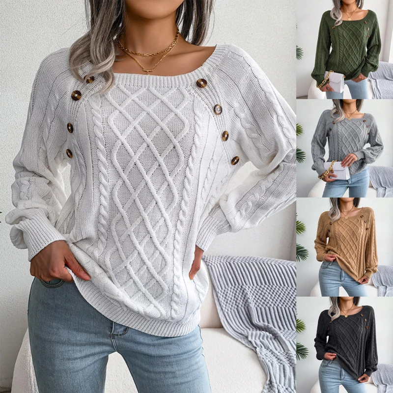 

Autumn Winter Women Solid Color Round Neck Button Pullover Twist Knit Long Sleeve Casual Loose Pullover Sweater T-shirt