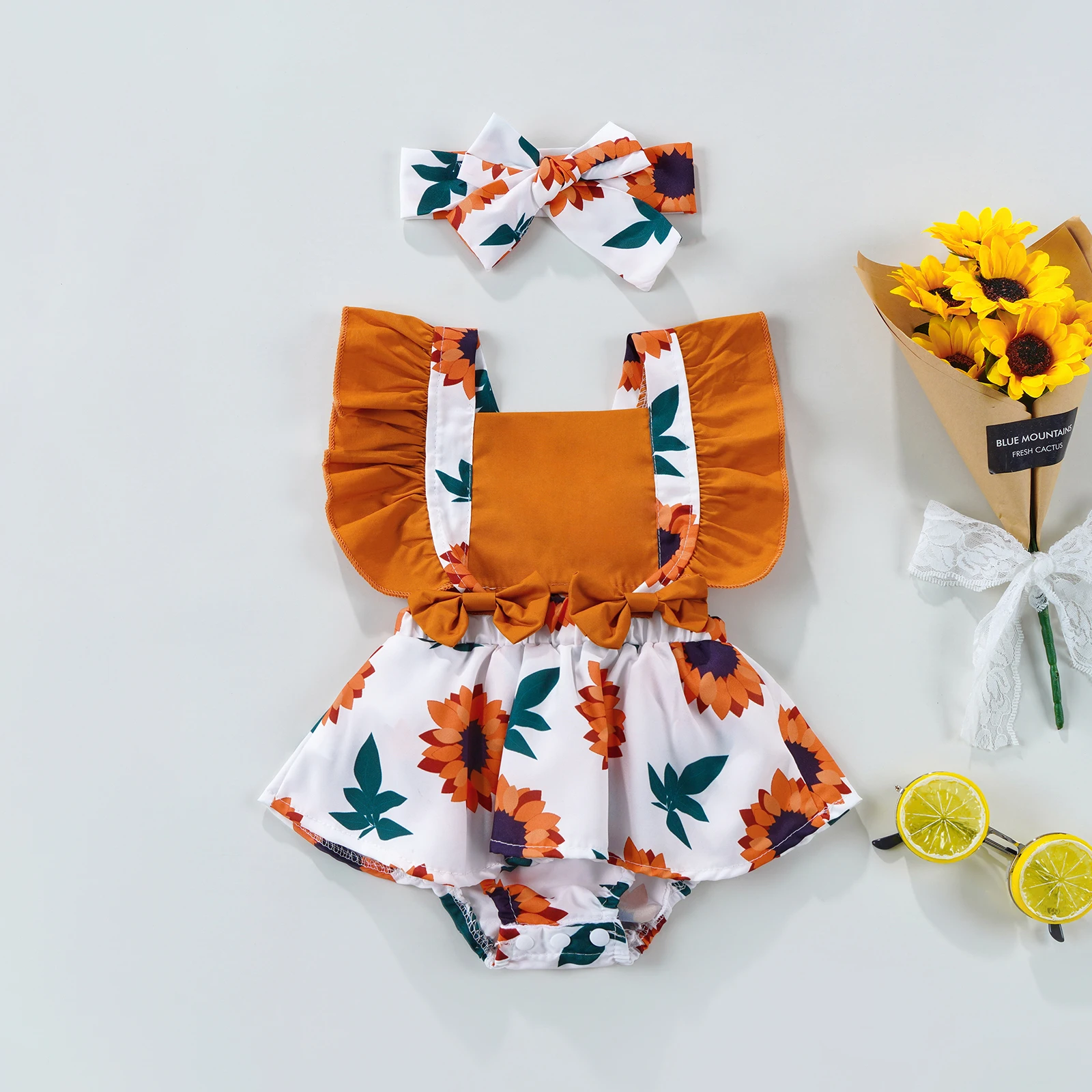 

Summer 2Pcs Toddlers Baby Girls Casual Patchwork Rompers Newborns Ruffle Sleeve Sunflower Print Playsuits Headband Outfits 0-18M