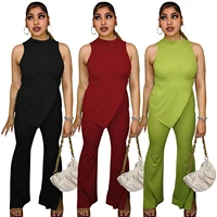 2022 summer women sportsuit two piece set sleeveless shirt long pants knit ribbed biker suit clothes for women outfit