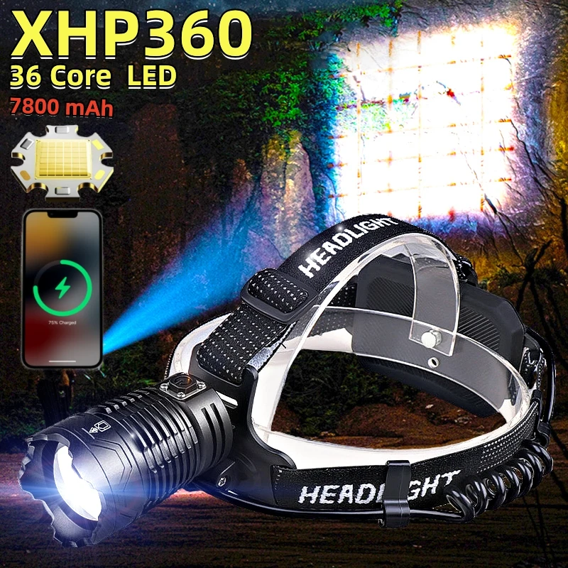 

XHP360 Super Bright Led Headlamp Zoomable Fishing Powerbank 36core Headlight USB Rechargeable 18650 Battery Head Flashlight Lamp