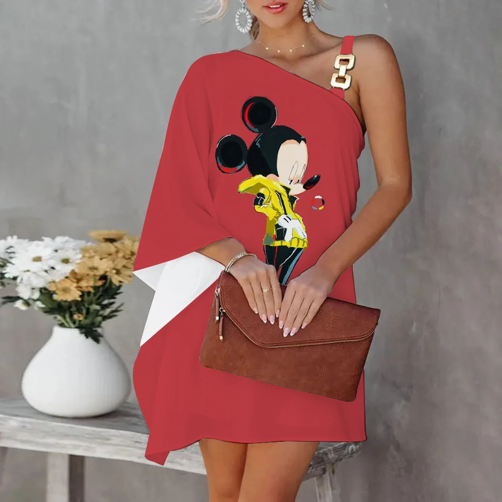 Sexy Dress for Women Diagonal Collar Disney Summer Dresses Woman 2022 Offer Minnie Mouse One-Shoulder Luxury Party Dress Mickey