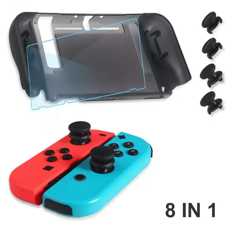 

PC Protectice 8 In 1 Crystal Shell Console Tempered Film Thumb Stick Grip Cap Set For Switch Joycon Screen Protector Cover