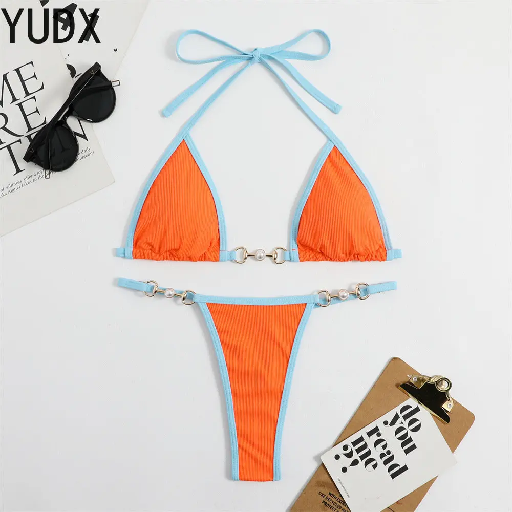 

Metal Chain Bikini Set Women 2023 Swimwear Push Up Halter Tie-up Bra+Triangle Thong Two-Piece Bathing Suit Brazilian Biquinis