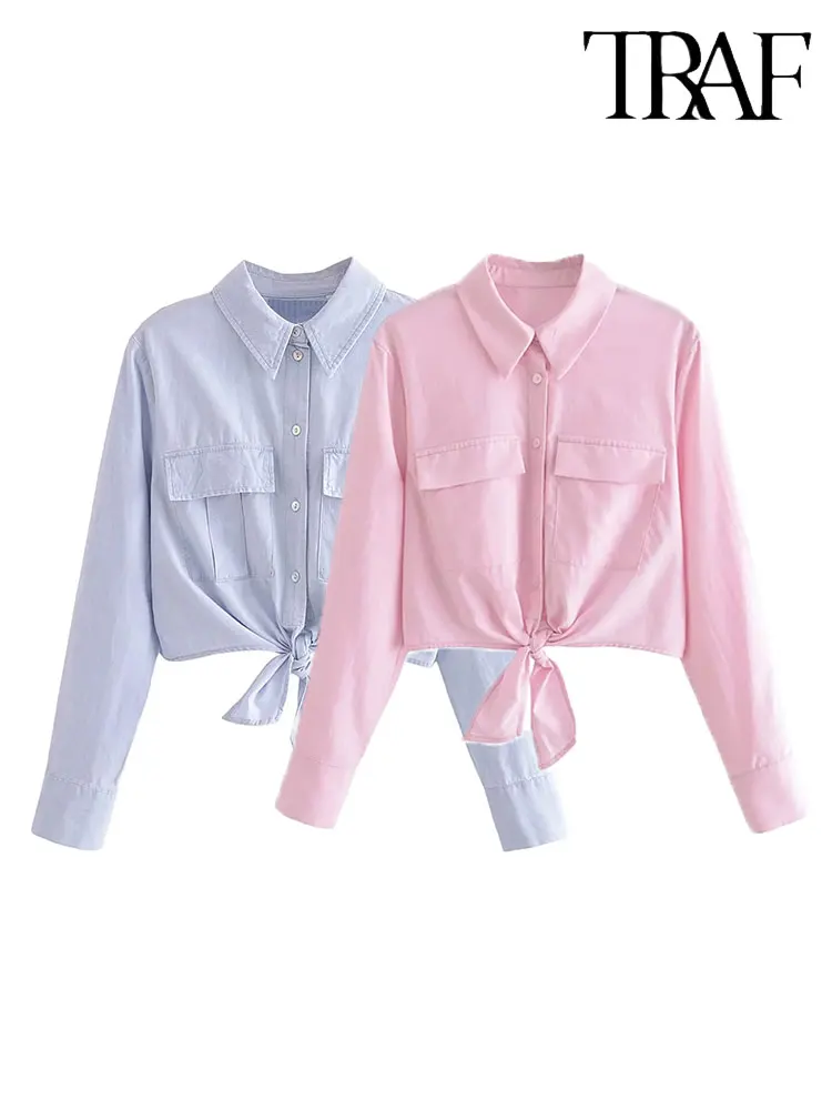 

Женская короткая рубашка с бантом, с длинным рукавом и карманами