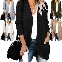 womens long sleeve knitted cardigan v neck sweater with pocket female loose simple coat spring autumn solid color clothes