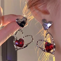 hip hop exaggerated big heart hollow metal stud earrings for women korea red love crystal earring trendy party aesthetic jewelry