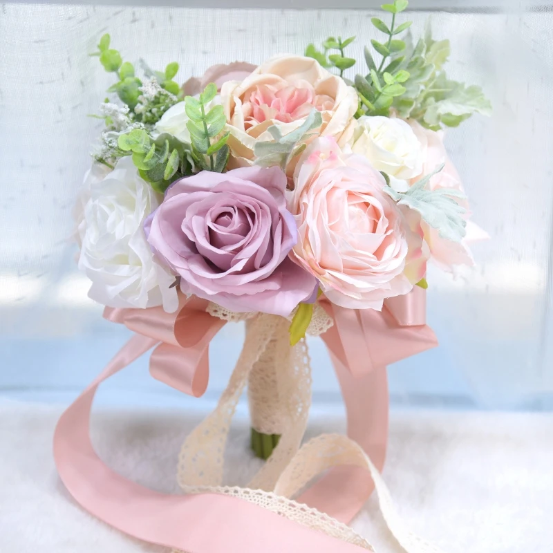 

Artificial Rose Flower Bouquet with Lace Strap Simulation Wedding Bouquet for Valentine's Day Wedding Bride Photography