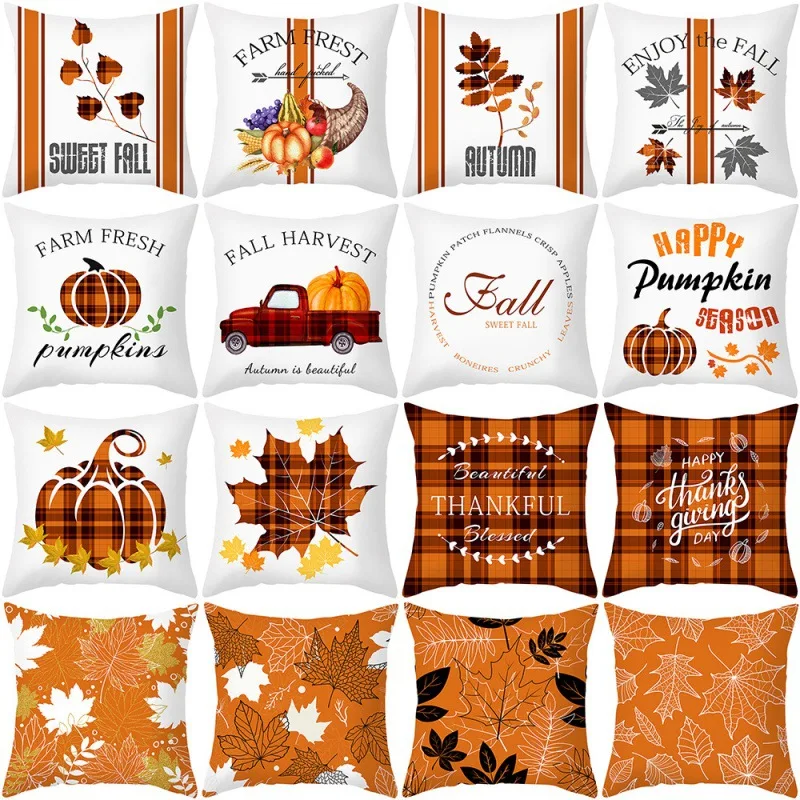 

45x45cm Fall Decor Pumpkin Cushion Cover Autumn Maple Leaf Throw Pillow Case Thanksgiving Home Decoration Living Room Pillowcase