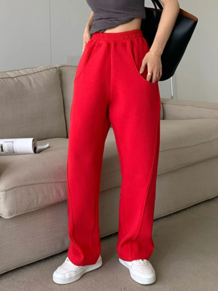 

Bornladies свободные спортивные брюки 2022 осень женские красные спортивные брюки с высокой талией свободные женские модные уличные прямые брюки