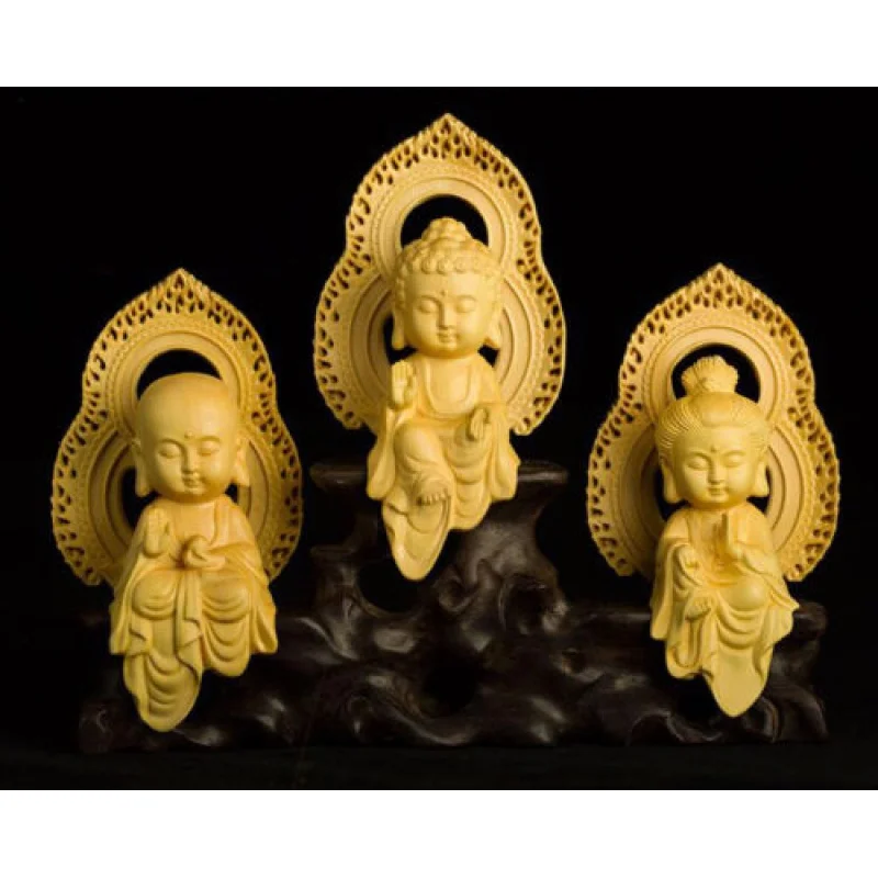 

Boxwood Hand Carved Three Buddha Statues with Wooden Base