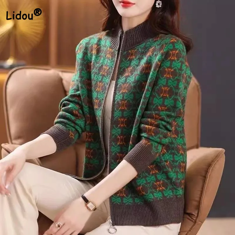 Женский винтажный жаккардовый кардиган на молнии