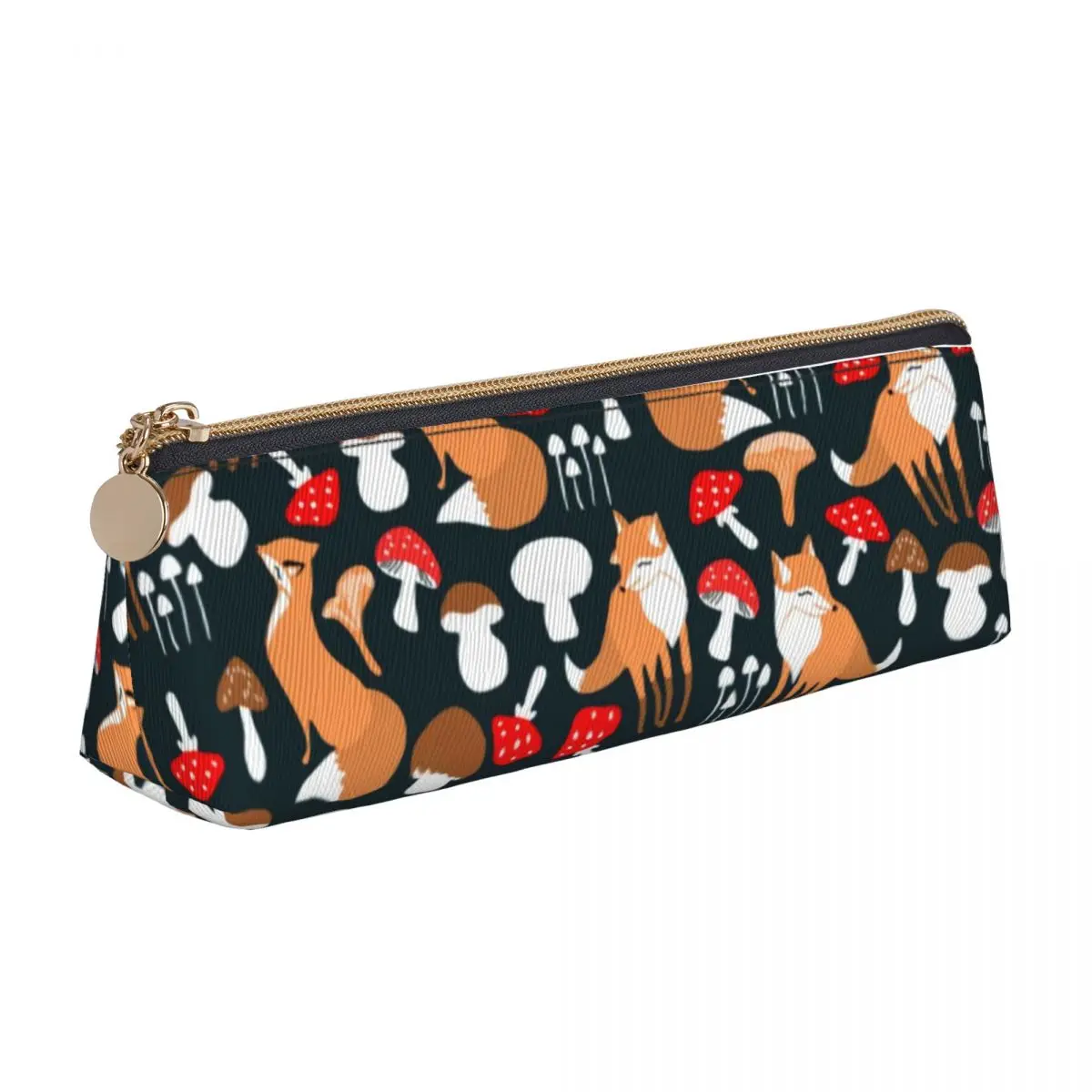 

Cute Fox Leather Pencil Case Mushrooms Print Retro Zipper Pencil Box Back to School Teens Triangle Pen Organizer