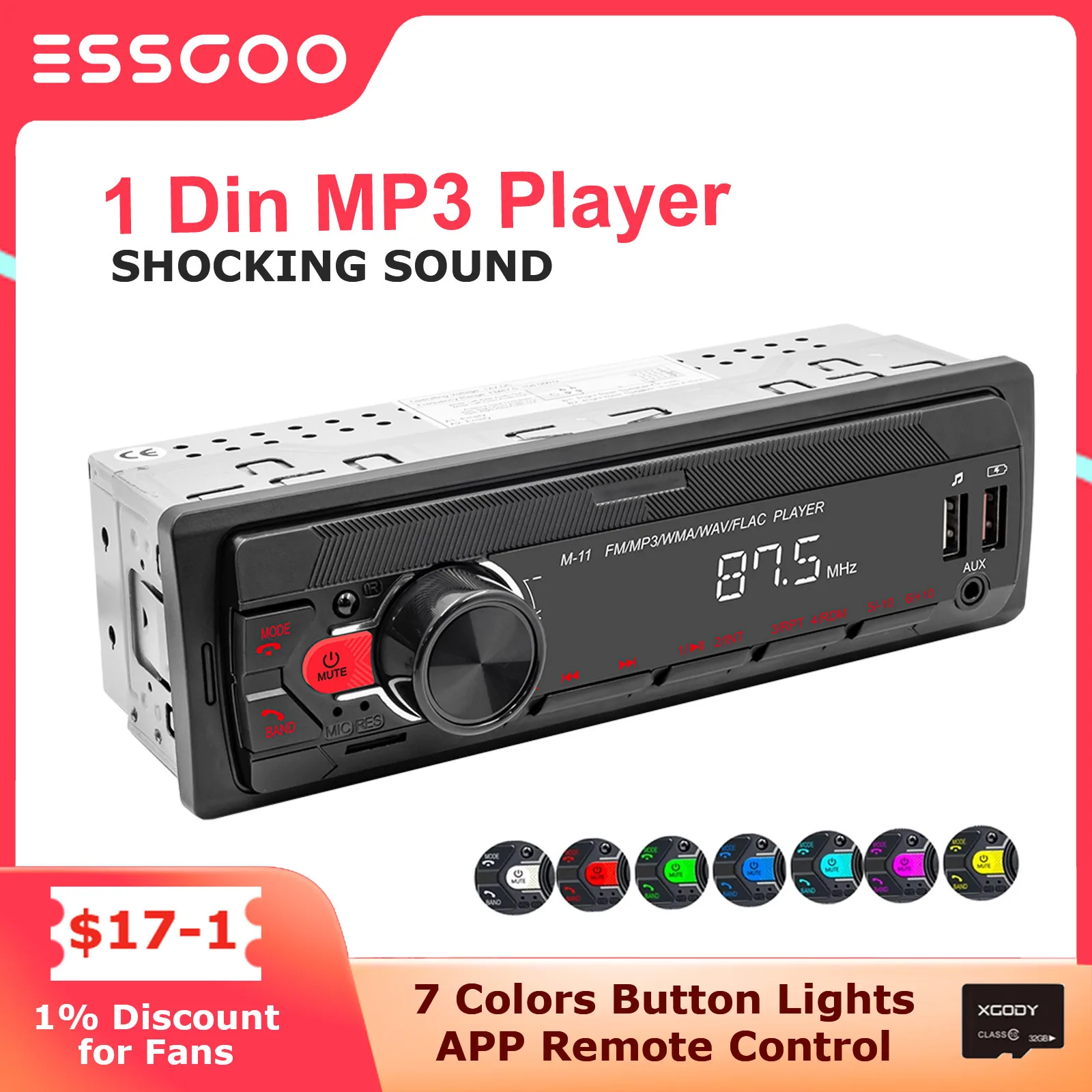 

ESSGOO 1 Din MP3 Car Radio Audio Stereo Bluetooth Radio Automotive Colorful Buttons 1Din Universal Multimedia Player For Car