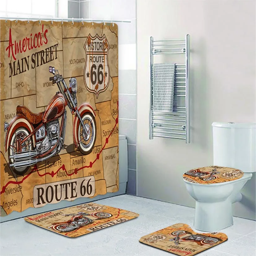 

Vintage Route 66 Poster Shower Curtain and Bath Rug Set Old American Car Travel Map Bathroom Mats Toilet Accessories Home Decor