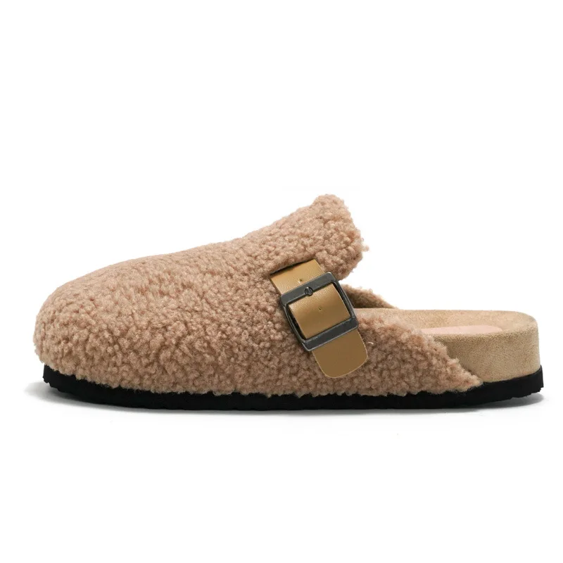Women Slippers Winter Belt Buckle Fleeces Cork Slippers Non-slip Casual Home Slippers Warm Plush Fur Cotton Shoes 36-41 Apricot images - 6