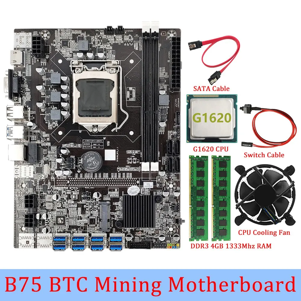 

B75 BTC Mining Motherboard+G1620 CPU+2XDDR3 4GB 1333Mhz RAM+Cooling Fan LGA1155 8GPU PCI-E 1X16X USB3.0 Video Card Miner