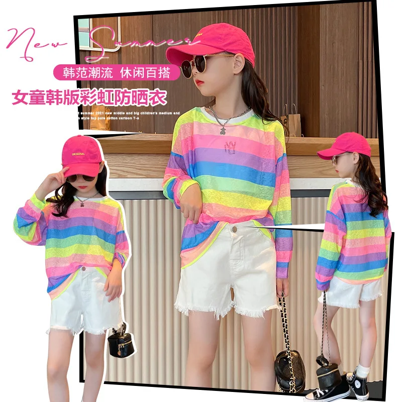 

Girls long-sleeved t-shirt summer new 2022 loose mesh sunscreen clothing thin air-conditioning shirt blouse top