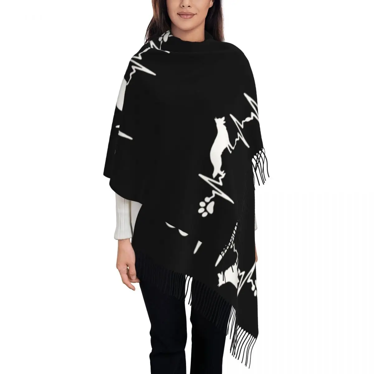 

Womens Scarf with Tassel German Shepherd Heart Beat Long Winter Fall Shawl and Wrap Dog Gsd Lover Animal Gifts Cashmere Scarf