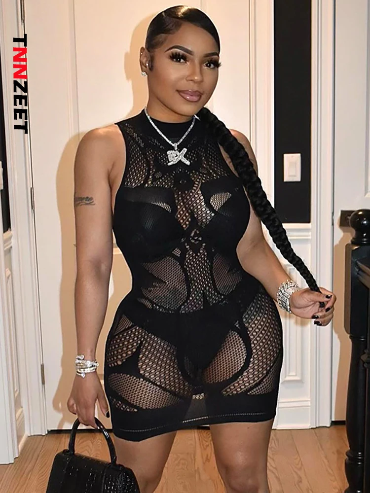 

TNNZEET Grid Stitching Mini Dress Women Sexy O-Neck Sleeveless Midnight See Through Body-Shaping Hip Skirt Clubwear Lady Jurk
