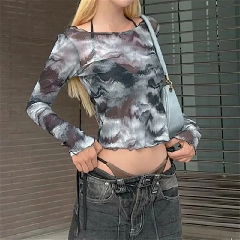 2024 Новые топы с длинными рукавами и принтом в стиле ретро Dark Cyber Techwear Y2K Grunge Mesh See