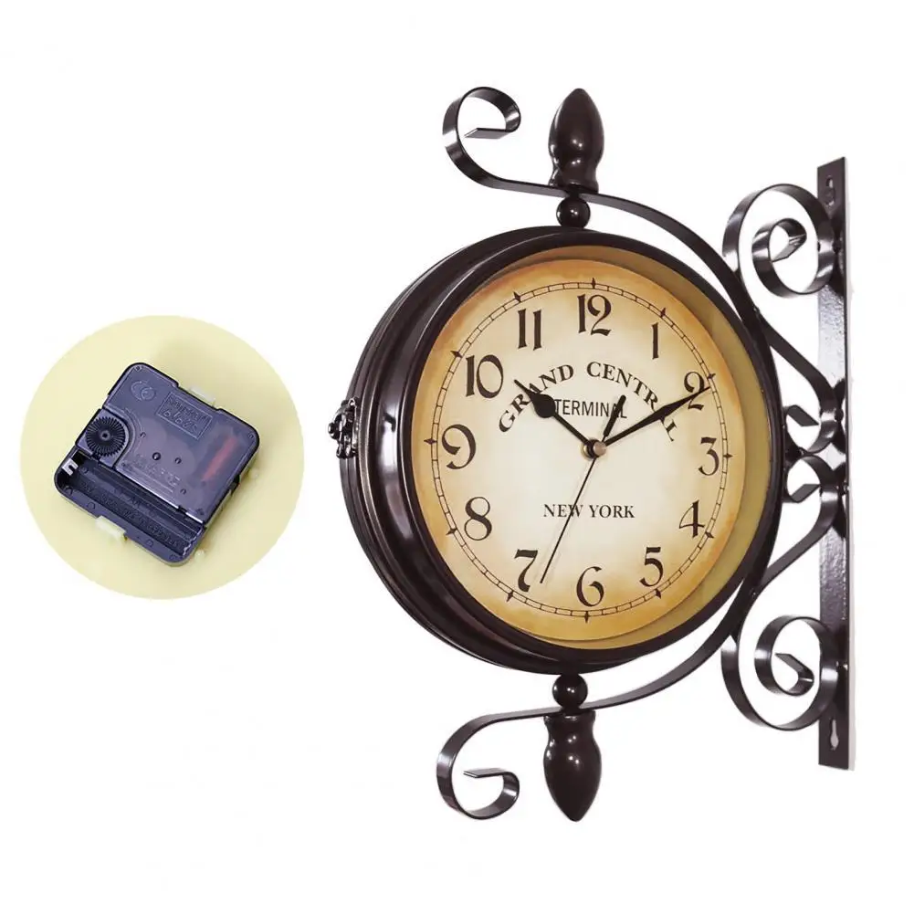 

Decorative Clock European Style Rust-proof Wrought Iron Battery Operated Non-Ticking Retro Double Sided Wall Clock for Home