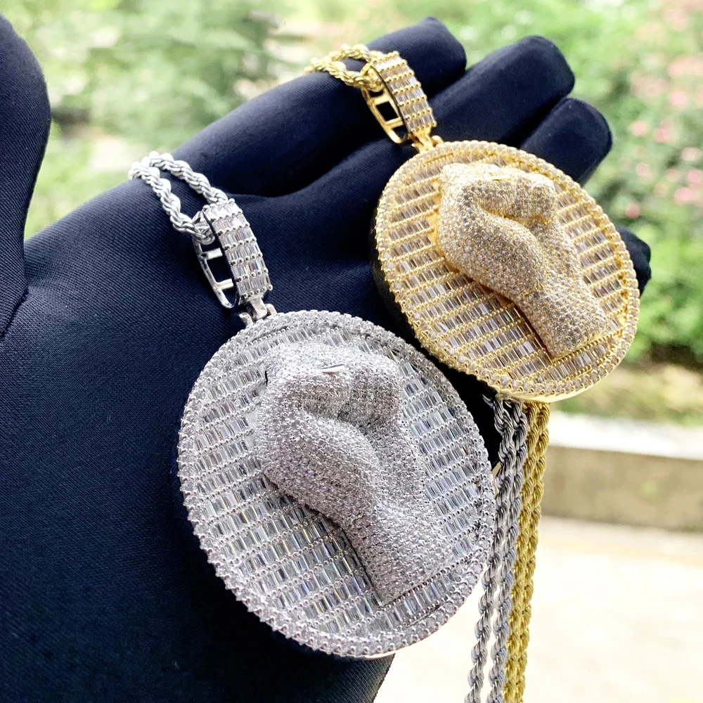 

Iced Out Bling 5A Cubic Zirconia Cz Gold Plated Hip Hop Rock Round Diamond Fist Lightning Pendant Necklaces Hip Hop Men Jewelry