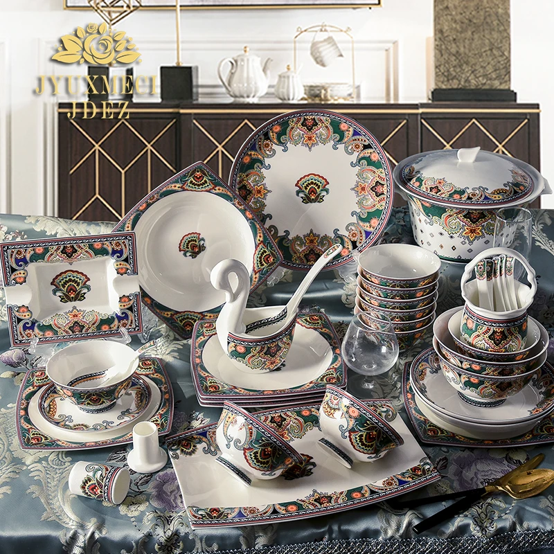 

Jingdezhen ceramic dishes 60 head household high-grade bone china tableware set light luxury European gift porcelain