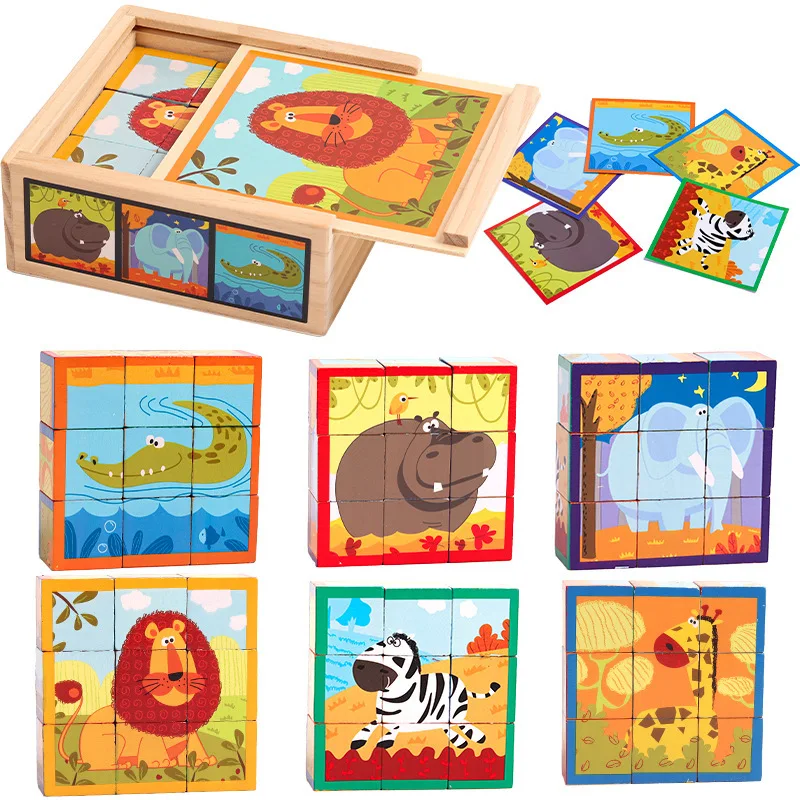 

Детские игрушки деревянный животные пазл, 6 сторон, головоломка «мудрость», Обучающие Игрушки для раннего развития, танграмма, детская игра, 9 единиц 3d пазлов
