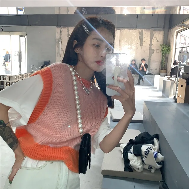 

AOWDTMZ New Pink Orange Knitted Contrasting Color Vest Women's Sweet Sleeveless Vest Spring Korean Round Neck Loose Thin Style