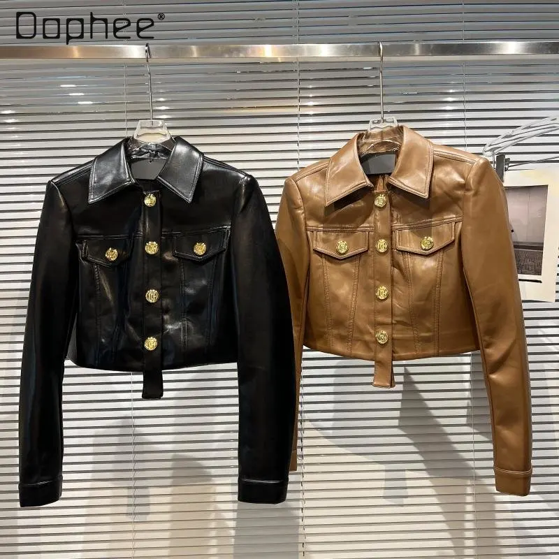 Streetwear Woman Dark Metal Buckle Padded Shoulder Leather Jacket 2022 Autumn Polo Collar  Super Long Sleeve Leather Coat Female