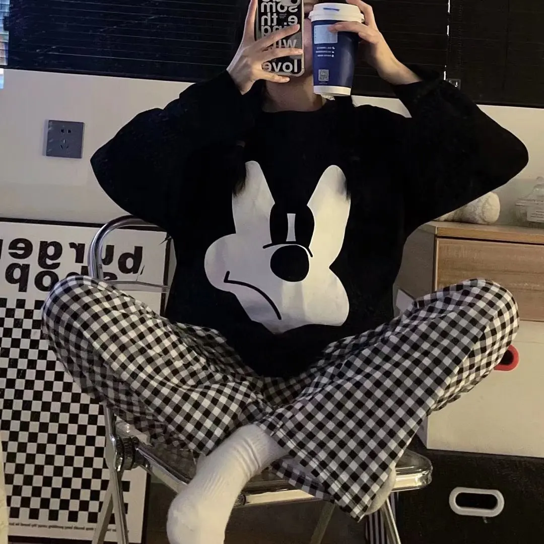 Disney Angry Mickey Mouse Sleepwear 2 Pieces Sets Womens Outfits Spring 2022 Long Sleeve Black Blouse and Plaid Pants Home Suit
