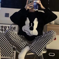 disney angry mickey mouse sleepwear 2 pieces sets womens outfits spring 2022 long sleeve black blouse and plaid pants home suit