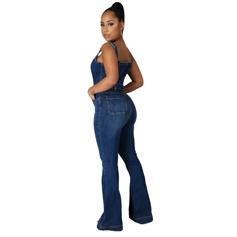 Vintage 2023 Summer Patchwork Denim Jumpsuit Sexy Bodycon Sleeveless Full Body Feminino Elegant Button Rompers Womens Jumpsuits