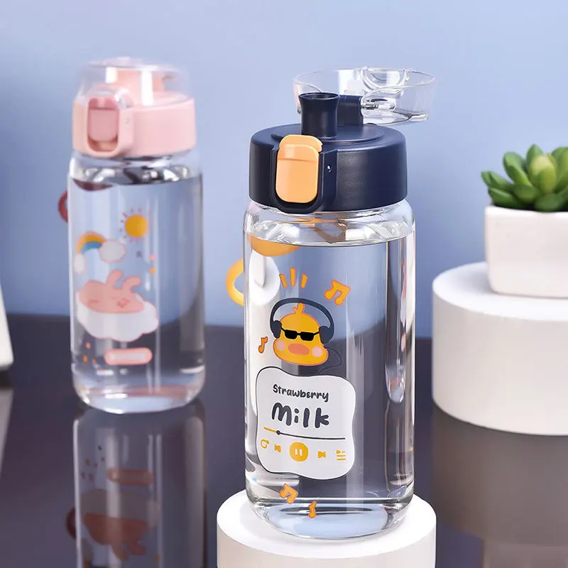 

450ml Cartoon Printed Glass Outdoor Water Bottle with Lid and Drawstring Lock Snap Lid High Borosilicate Handheld Portable Cup