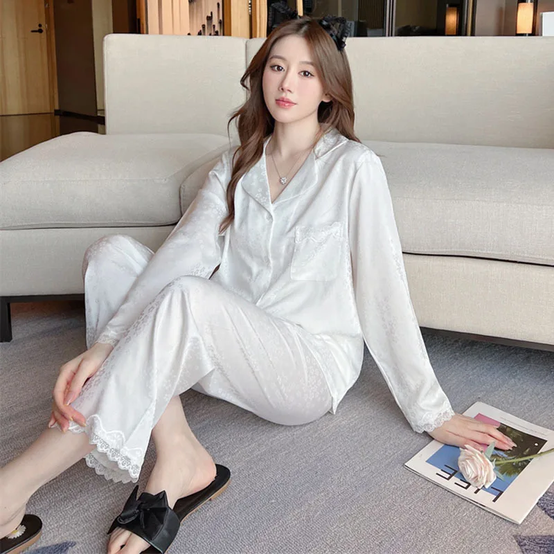 

Summer Autumn Sexy Jacquard Satin Lace Trim Long Sleeve Shirt Pants 2Pcs Women Sleepwear Homewear Female Pajamas Set