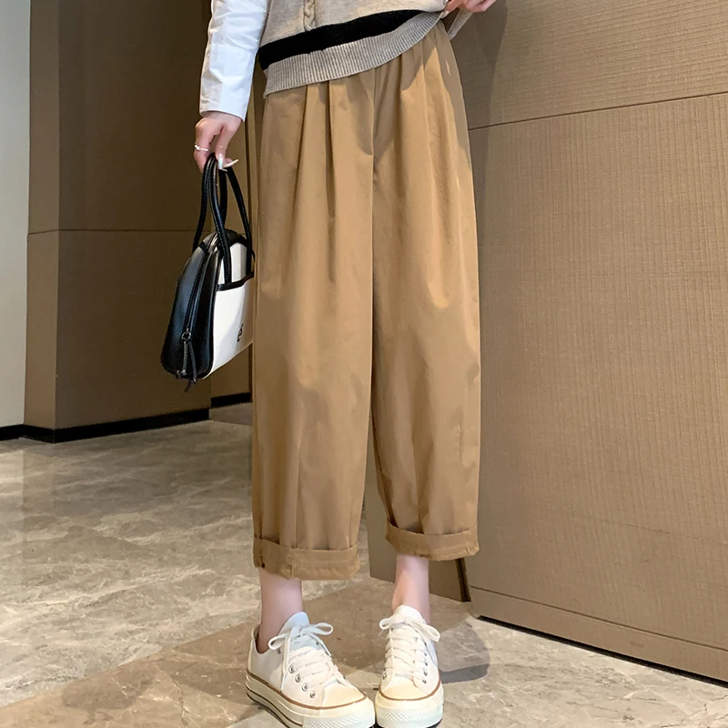2023 New Arrival Summer Women All-matched Vintage Ankle-length Pants Casual Loose Elastic Waist Thin Wide Leg Pants V256