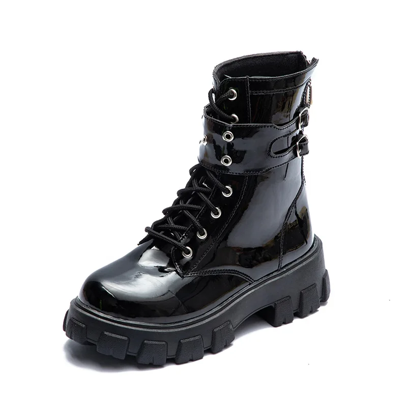Platform Patent Leather Boots Rivet Women Autumn Punk Motorcycle Boots Block Gothic Thick Sole Shoes Women Mid-Calf Boots