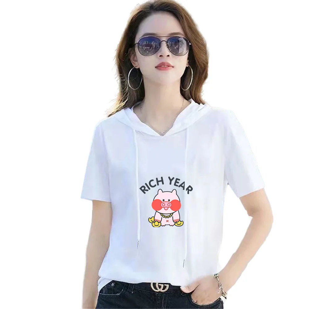 Женская толстовка с коротким рукавом свободная футболка из 2022 хлопка капюшоном