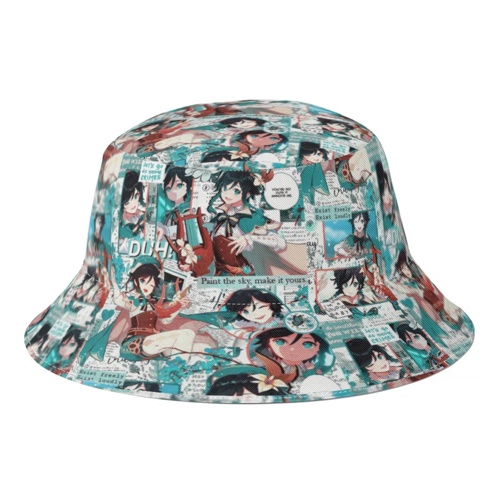 

Summer Genshin Impact Collage Venti Bucket Hats Women Men Beach Foldable Bob Fishing Fisherman Hats Girls Boys Panama Sun Cap
