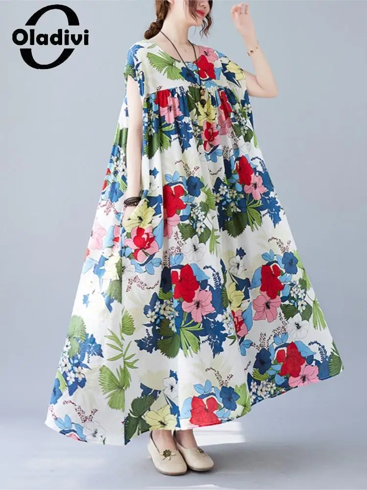 

Oladivi Oversized Cotton Dress for Women Large Size Fashion Floral Print Short Sleeve Casual Loose Long Dresses Tunics Robe 5212