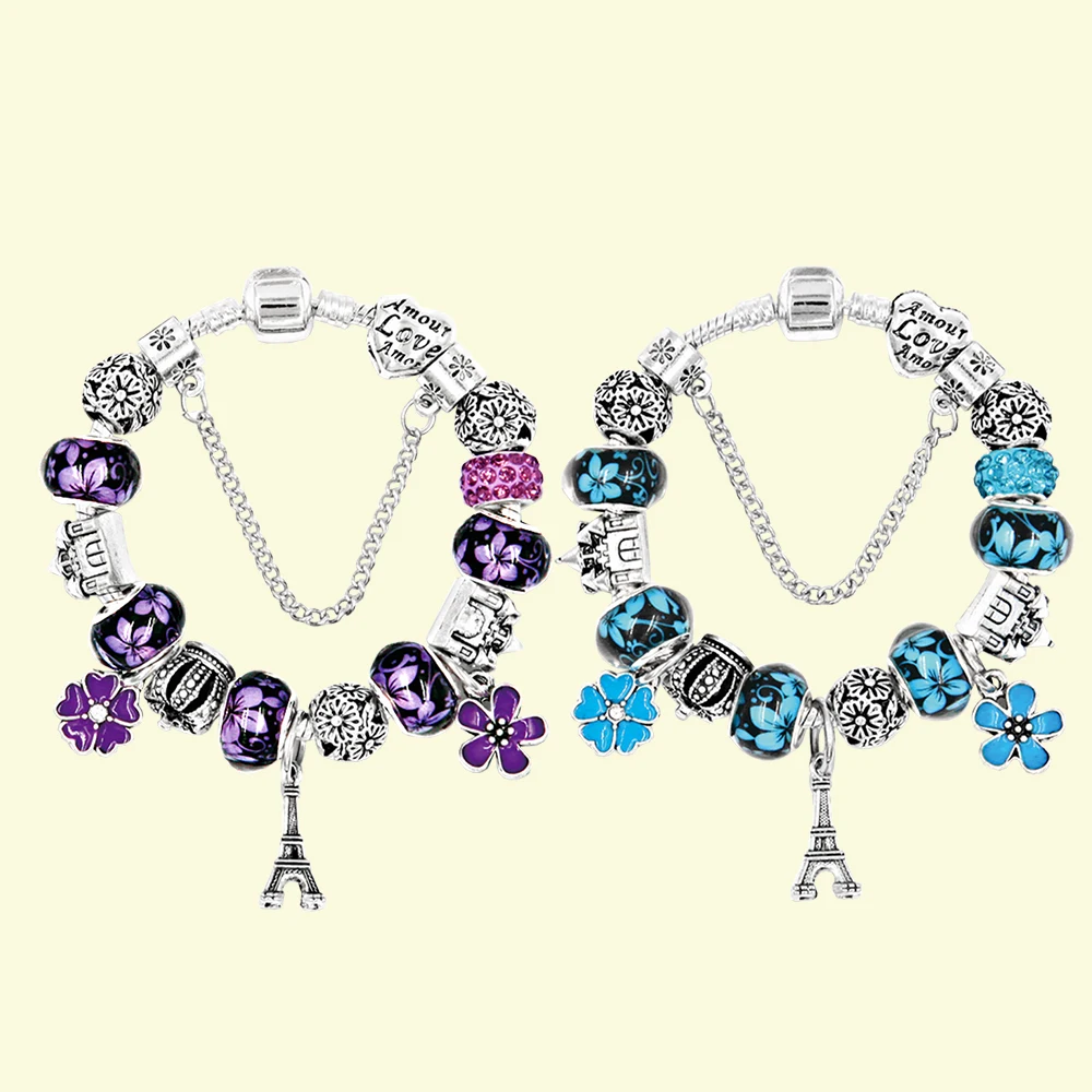 

New 100% S925 Paris Phil Tower Blue Lucky Grass Romantic and Beautiful Set Bracelet Fit for Pandora Making Women Jewelry Gift