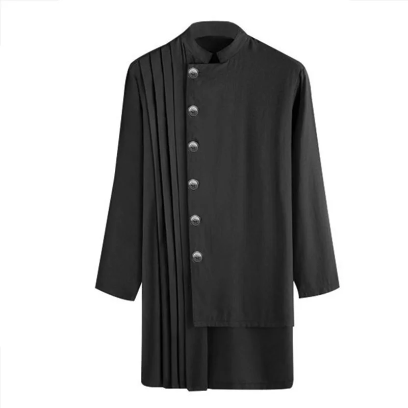 Muslin Robe For Men Men's Stand Collar Abaya Arab Dubai Islam Long Sleeve Linen Robe Summer Pleated Robe Men Clothing
