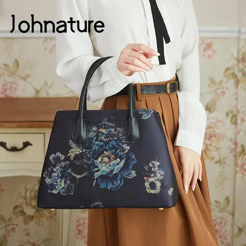 

Johnature 2022 New Antique Handbag Versatile Large Capacity Women Leather Bag Vintage Floral Cheongsam Ladies Shoulder Bags