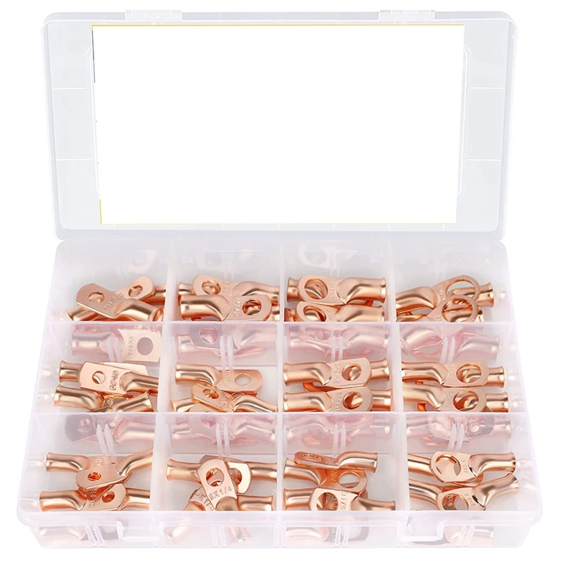 

60-Piece Copper Wire Lug Kit (AWG 8 6 4), Battery Cable End, Bare Copper Crimp Connector, Eyelet Tubular Ring Terminal